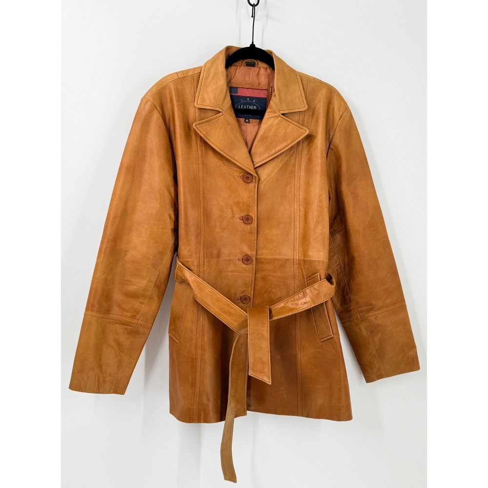 Vtg‎ USA Leather Belted trench Coat Womens sz XL Tan 70s retro chic western boho